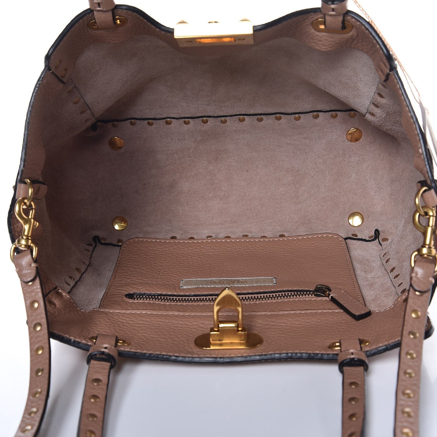 Grained Calfskin Small Rockstud Rolling Tote Soft Noisette
