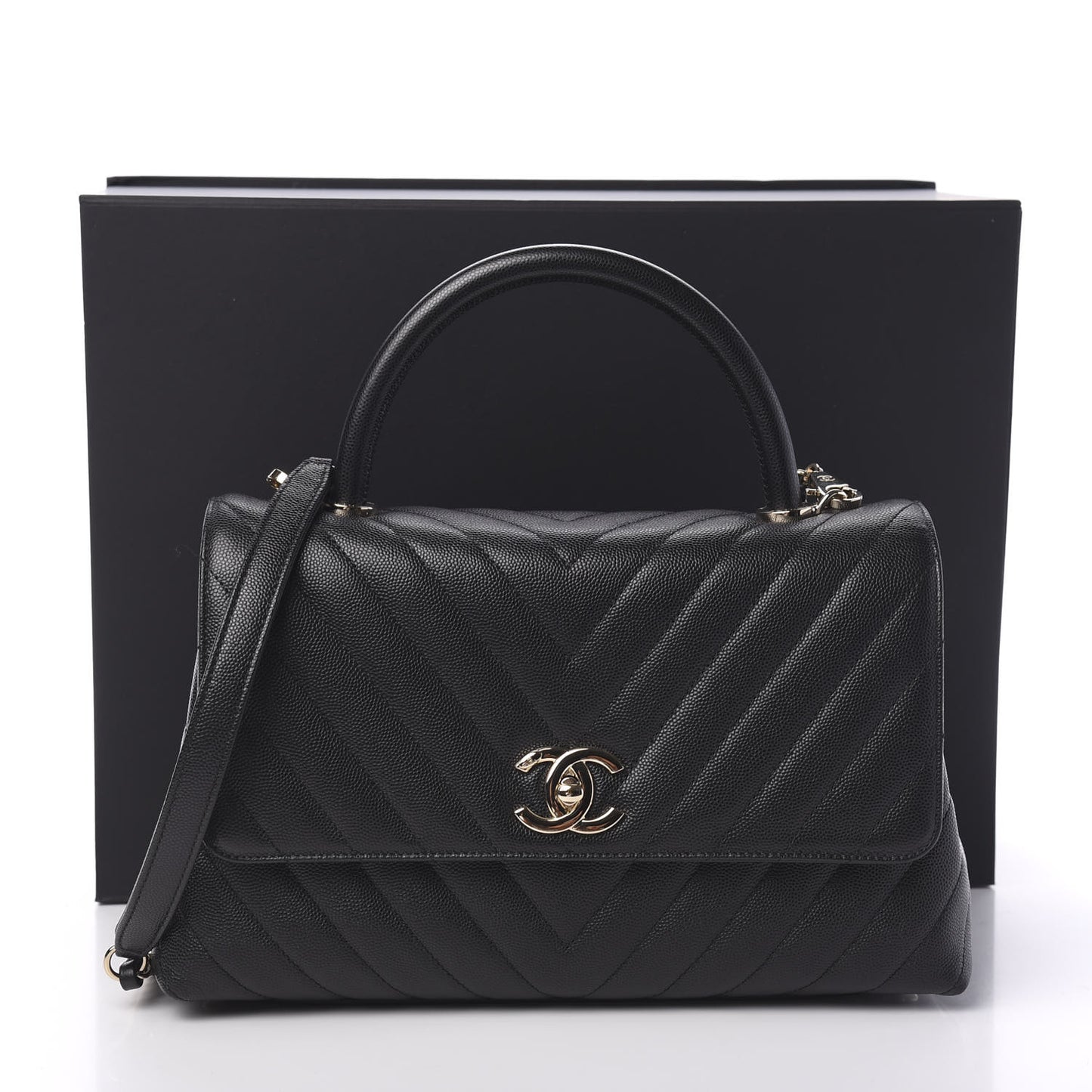 Caviar Chevron Quilted Small Coco Handle Flap Black