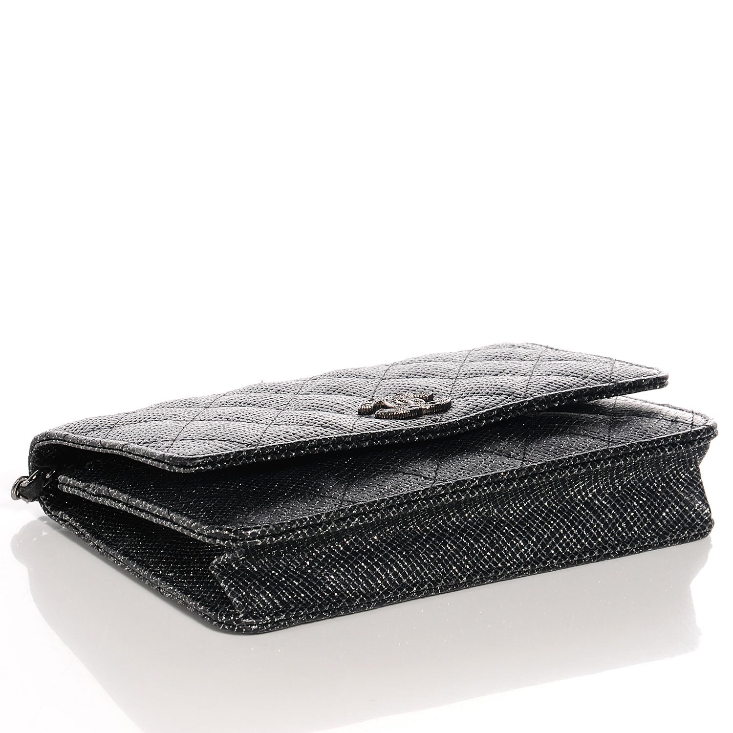 Chanel Glitter Calfskin Quilted Wallet on Chain WOC Black Silver 4 of 9