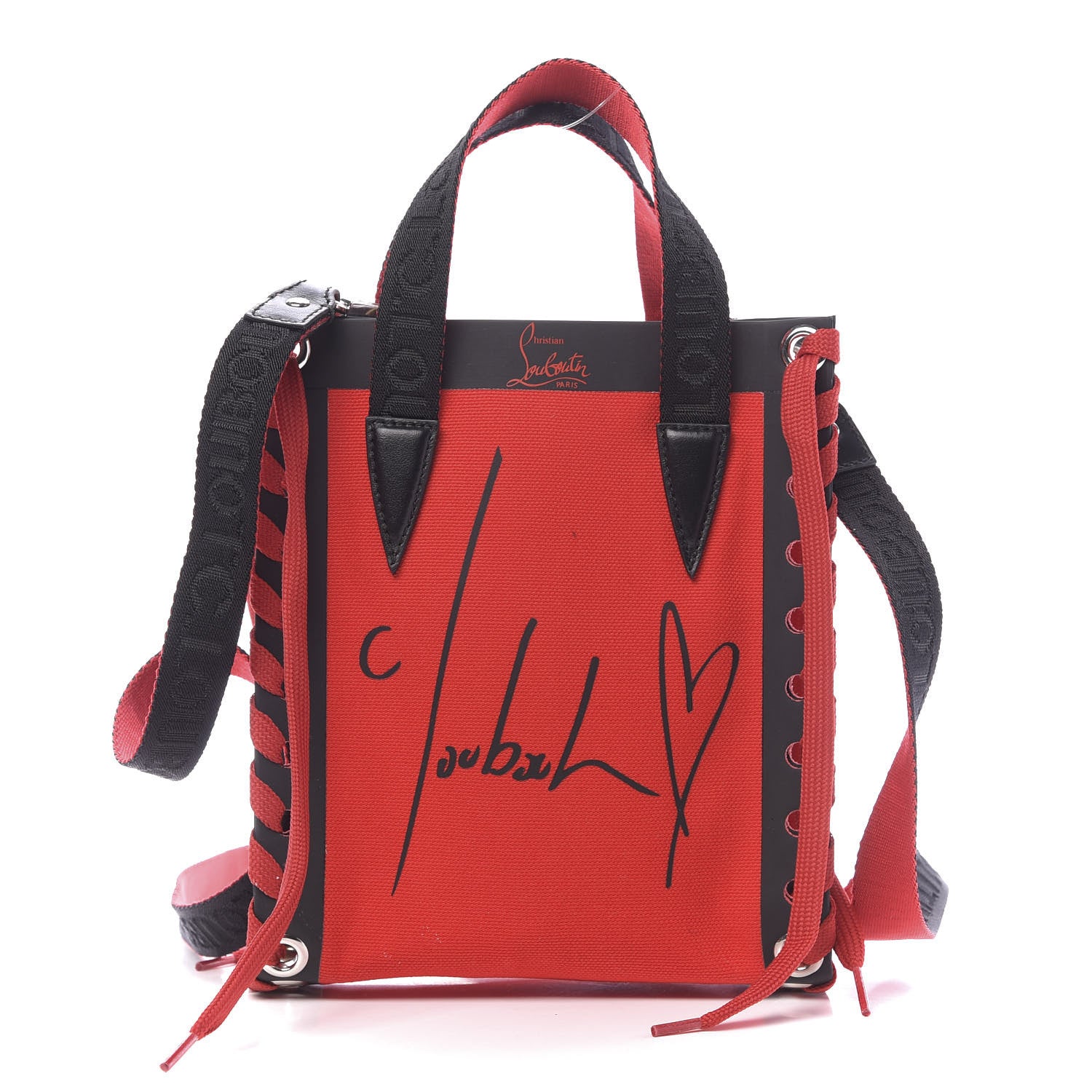 Christian Louboutin Braided Canvas Mini Cabalace Shopper Tote Red Black 1 of 9