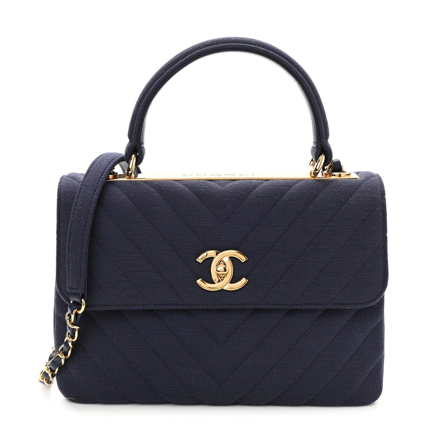 Jersey Chevron Quilted Small Trendy CC Dual Handle Flap Bag Navy Blue
