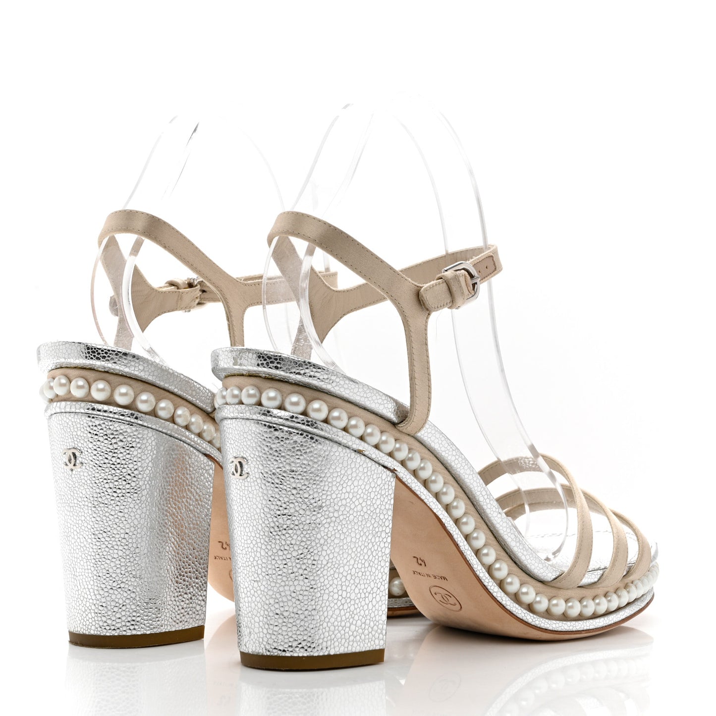 Metallic Caviar Satin Pearl Strappy Sandals 42 Silver Beige