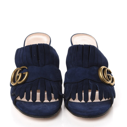 Gucci Kid Scamosciato GG Marmont Fringe 75mm Slide Sandals 35.5 Blue Ink 2 of 9