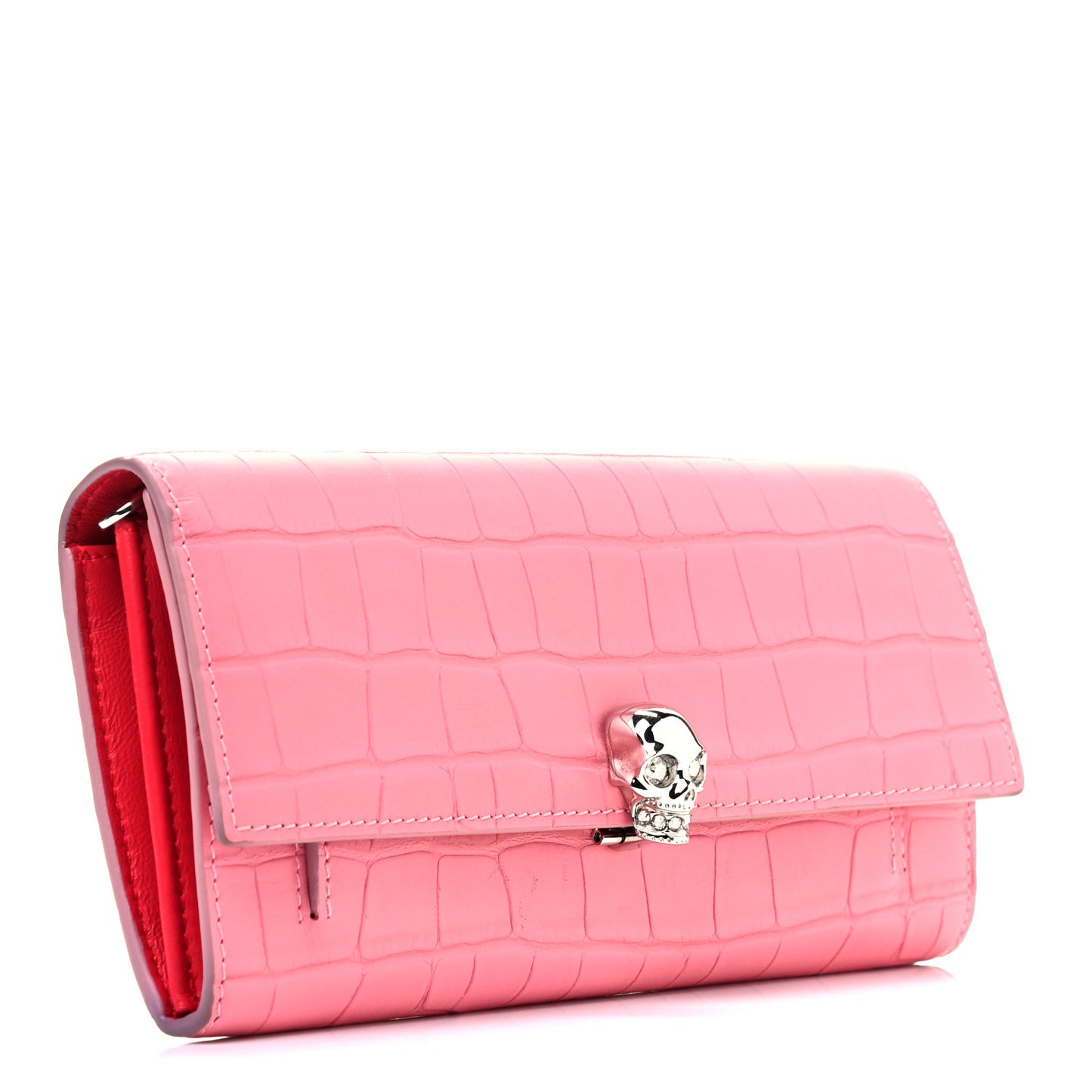 Crocodile Embossed Calfskin Skull Wallet on Chain Pink