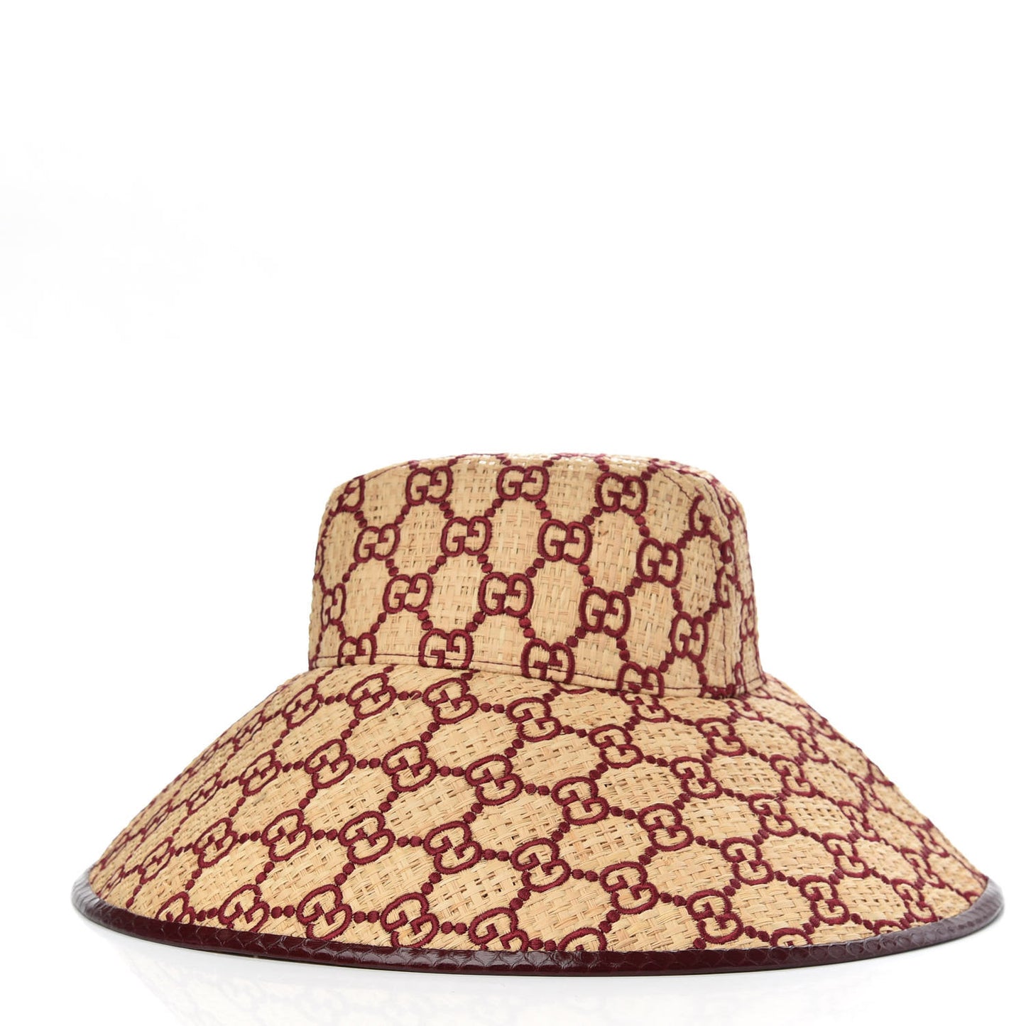 Raffia Elaphe GG Monogram Embroidered Wide Brim Hat Ivory Bordeaux