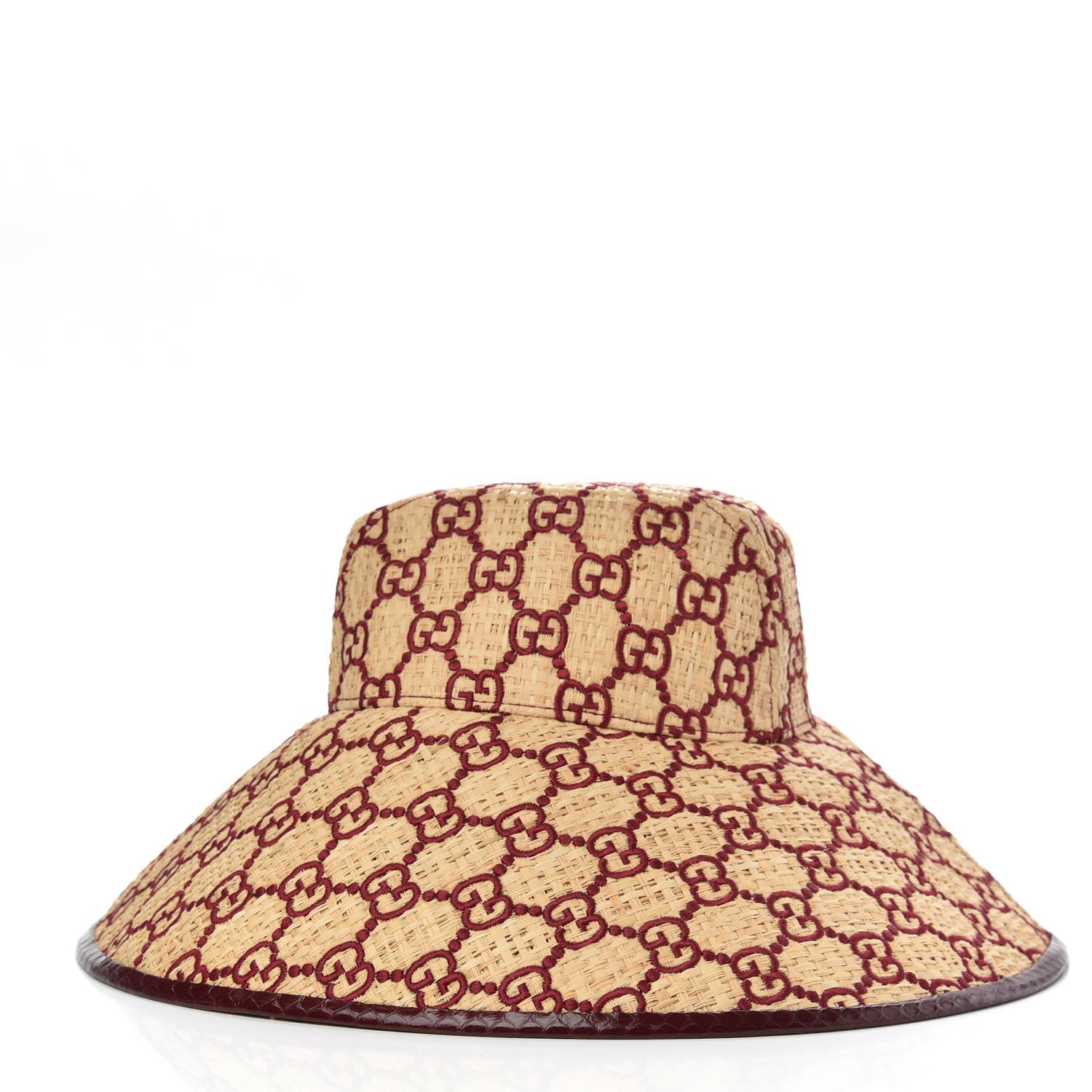 Gucci Raffia Elaphe GG Monogram Embroidered Wide Brim Hat Ivory Bordeaux 3 of 7