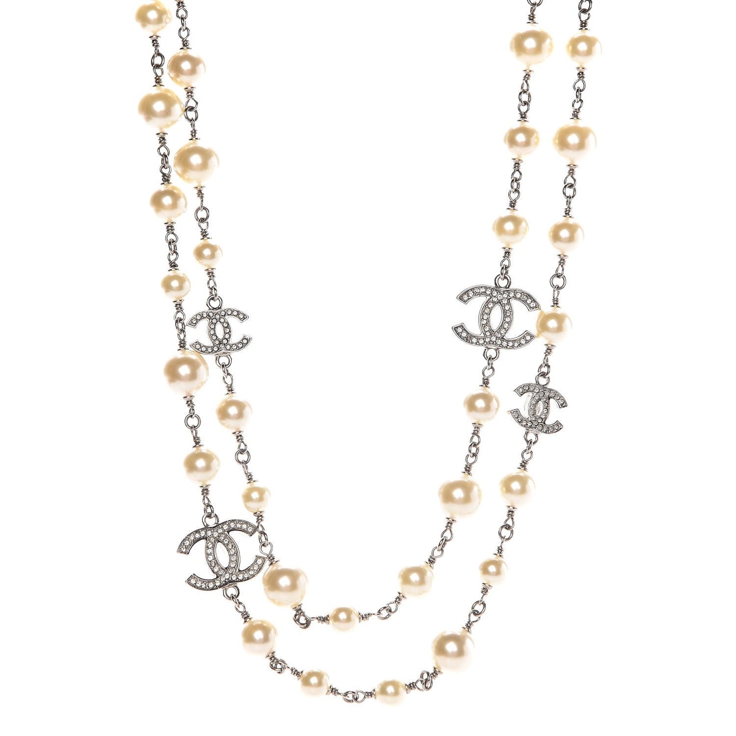 Graduated Pearl Crystal CC Long Necklace Silver