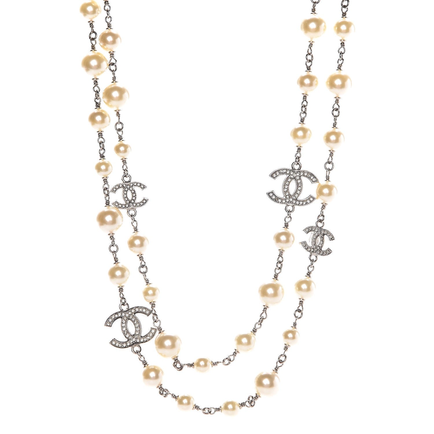 Chanel Graduated Pearl Crystal CC Long Necklace Silver 1 of 6