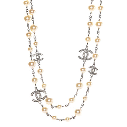 Chanel Graduated Pearl Crystal CC Long Necklace Silver 1 of 6