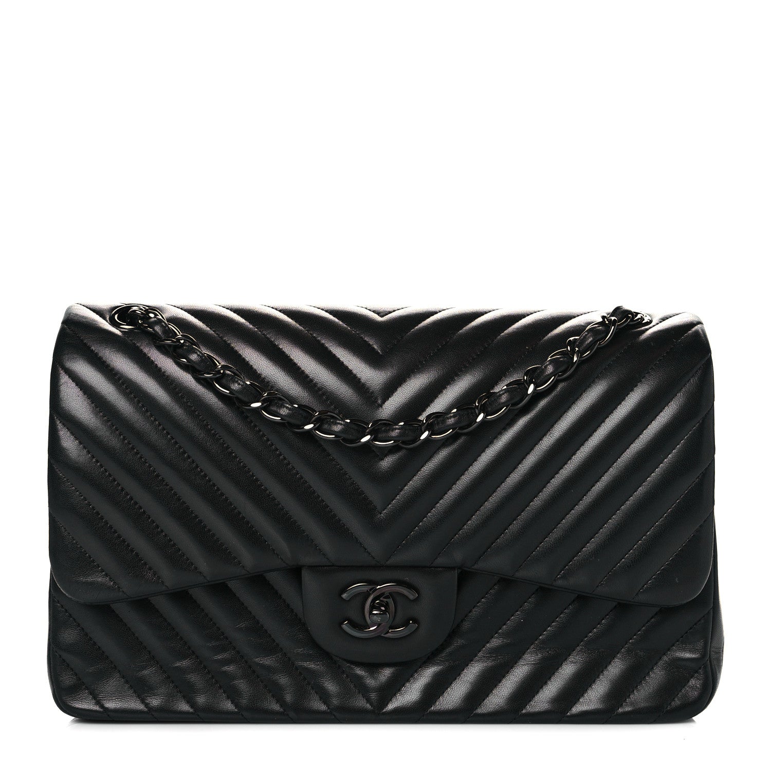 Chanel Lambskin Chevron Quilted Jumbo Double Flap So Black 1 of 11