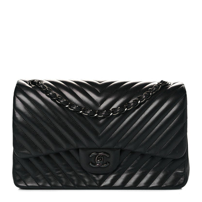 Chanel Lambskin Chevron Quilted Jumbo Double Flap So Black 1 of 11