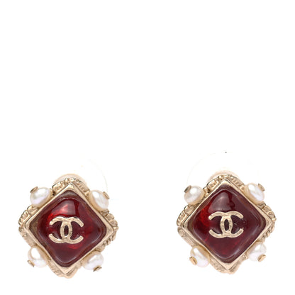 Chanel Resin Pearl Square CC Earrings Burgundy Gold 1 of 4