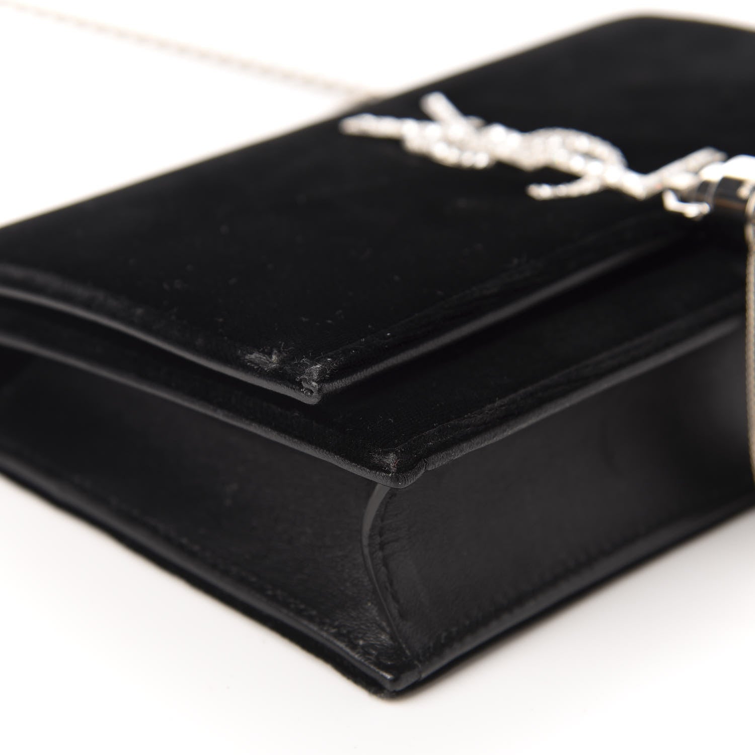 Saint Laurent Velvet Crystal Monogram Tassel Chain Wallet Black 6 of 10