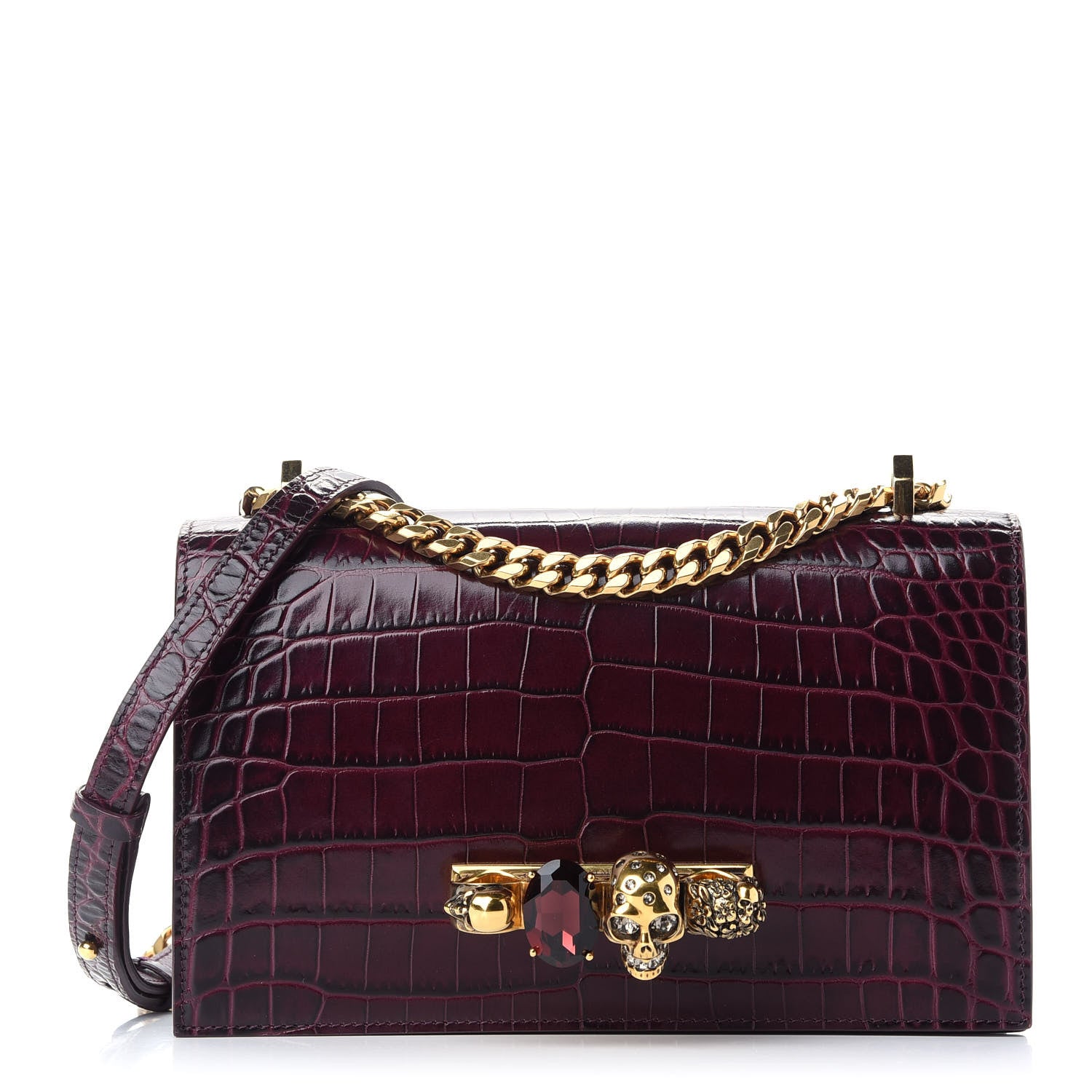 Alexander McQueen Shiny Crocodile Embossed Jeweled Satchel Burgundy 1 of 8