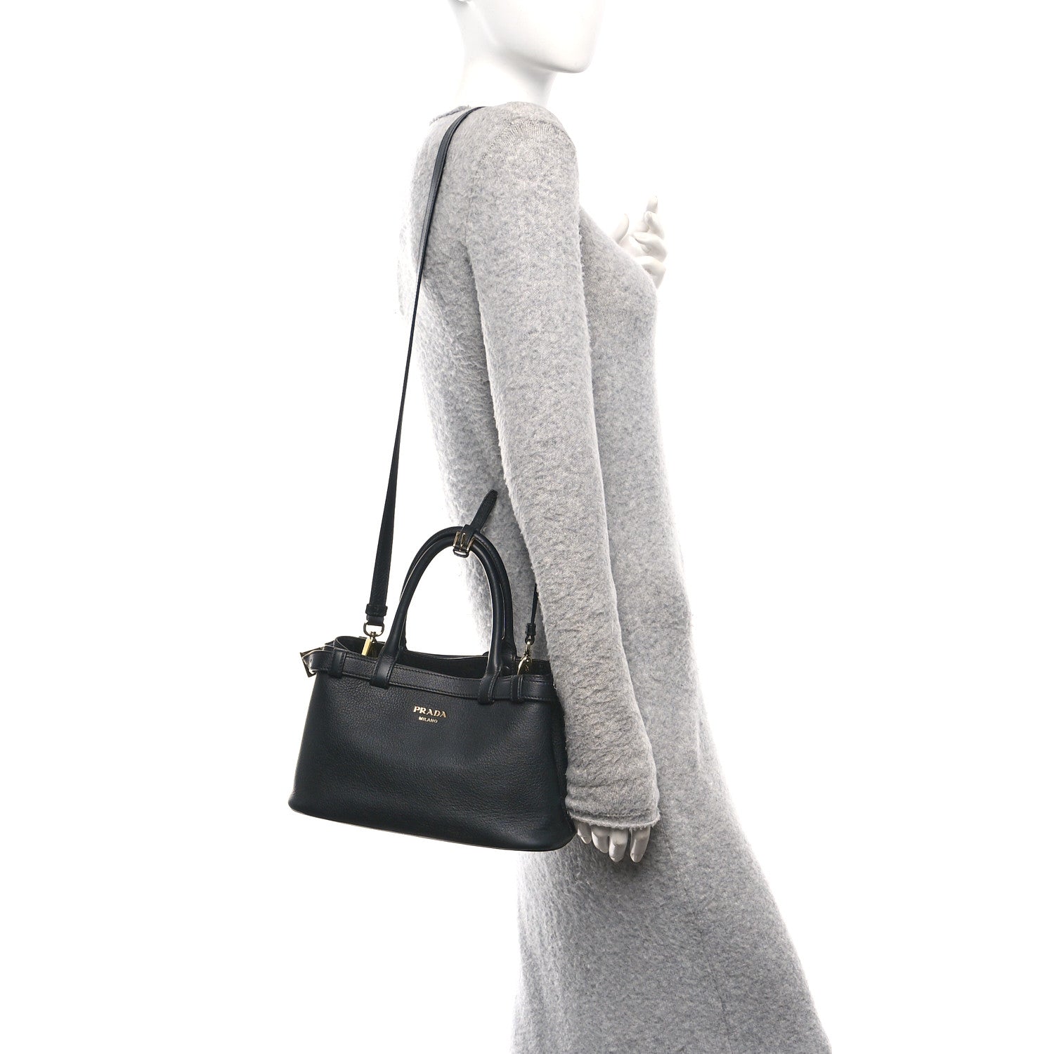 Prada Soft Grain Calfskin Small Double Belt Tote Black 2 of 9
