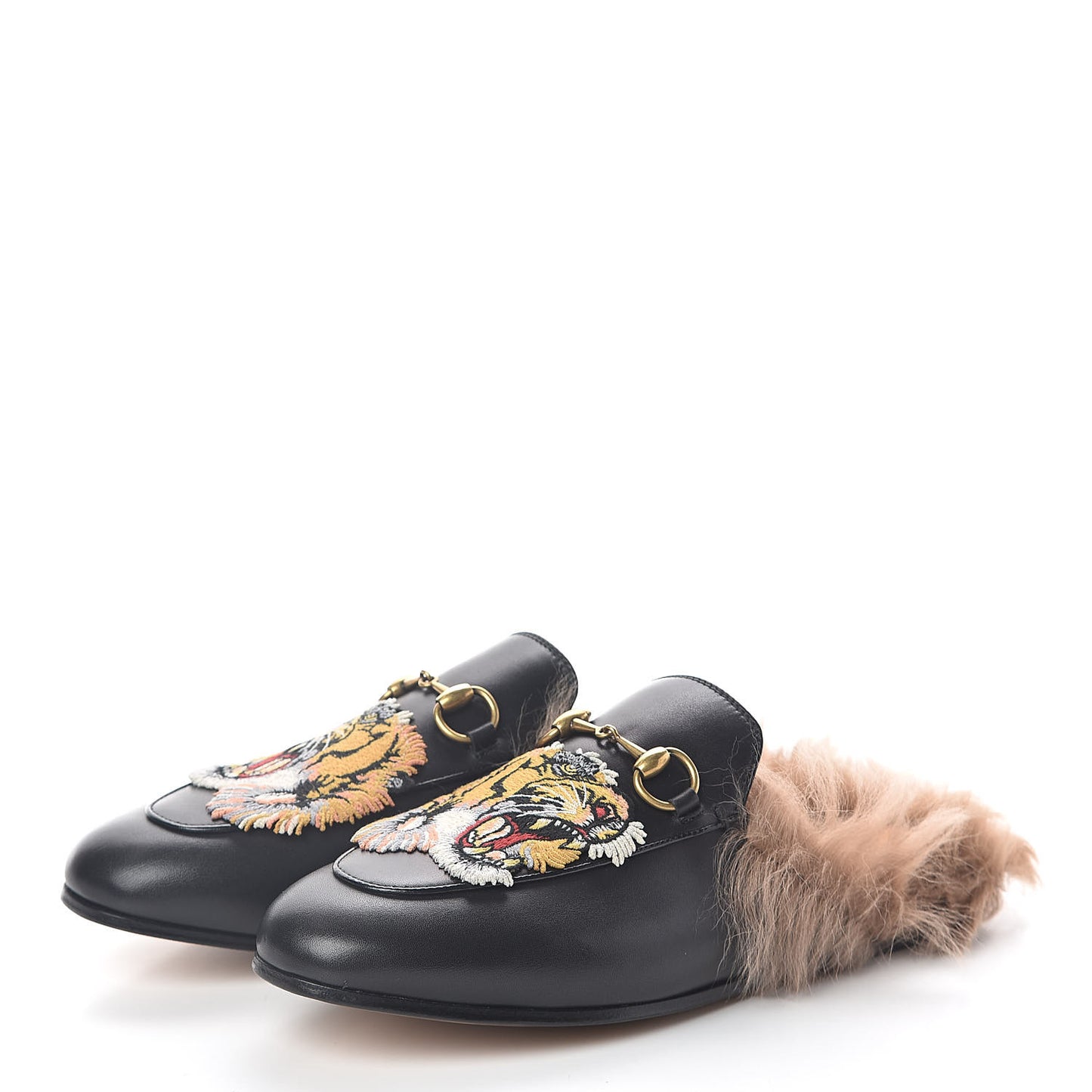 Calfskin Lambswool Tiger Embroidered Womens Princetown Slippers 36.5 Black