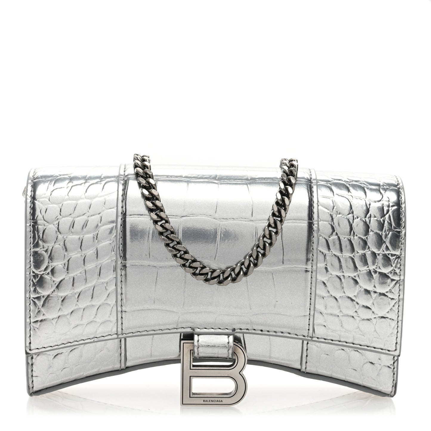 Metallic Calfskin Crocodile Embossed Hourglass Chain Bag Silver Silver
