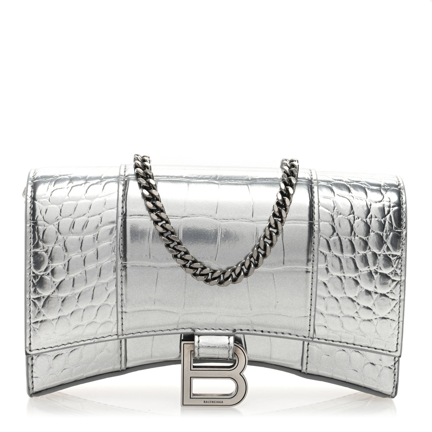 Balenciaga Metallic Calfskin Crocodile Embossed Hourglass Chain Bag Silver Silver 1 of 10