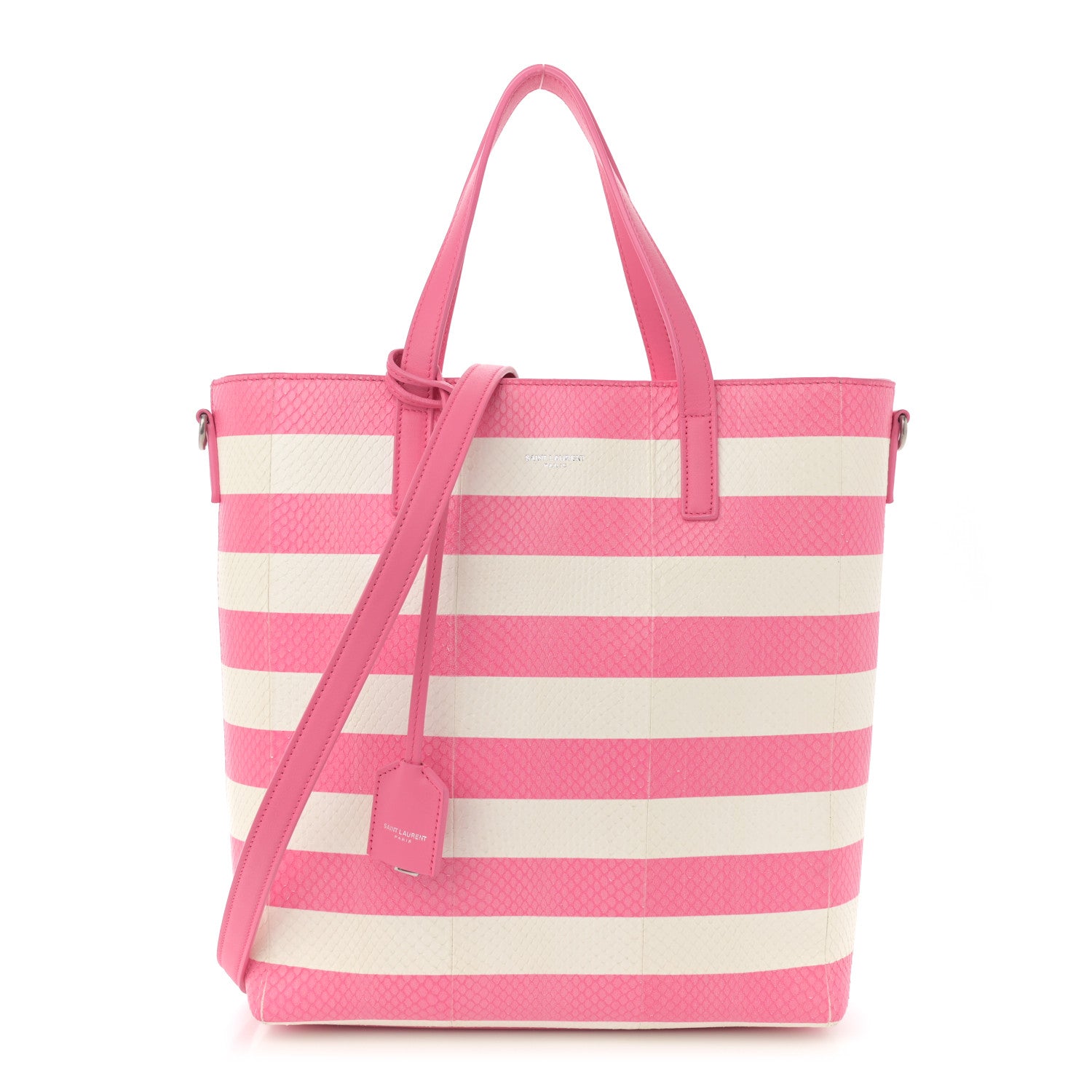 Saint Laurent Snakeskin Embossed Stripe Toy Shopping Tote White Pink 1 of 12