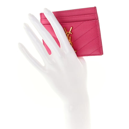 Saint Laurent Grain De Poudre Matelasse Chevron Monogram Credit Card Case Fresh Fuxia 2 of 10