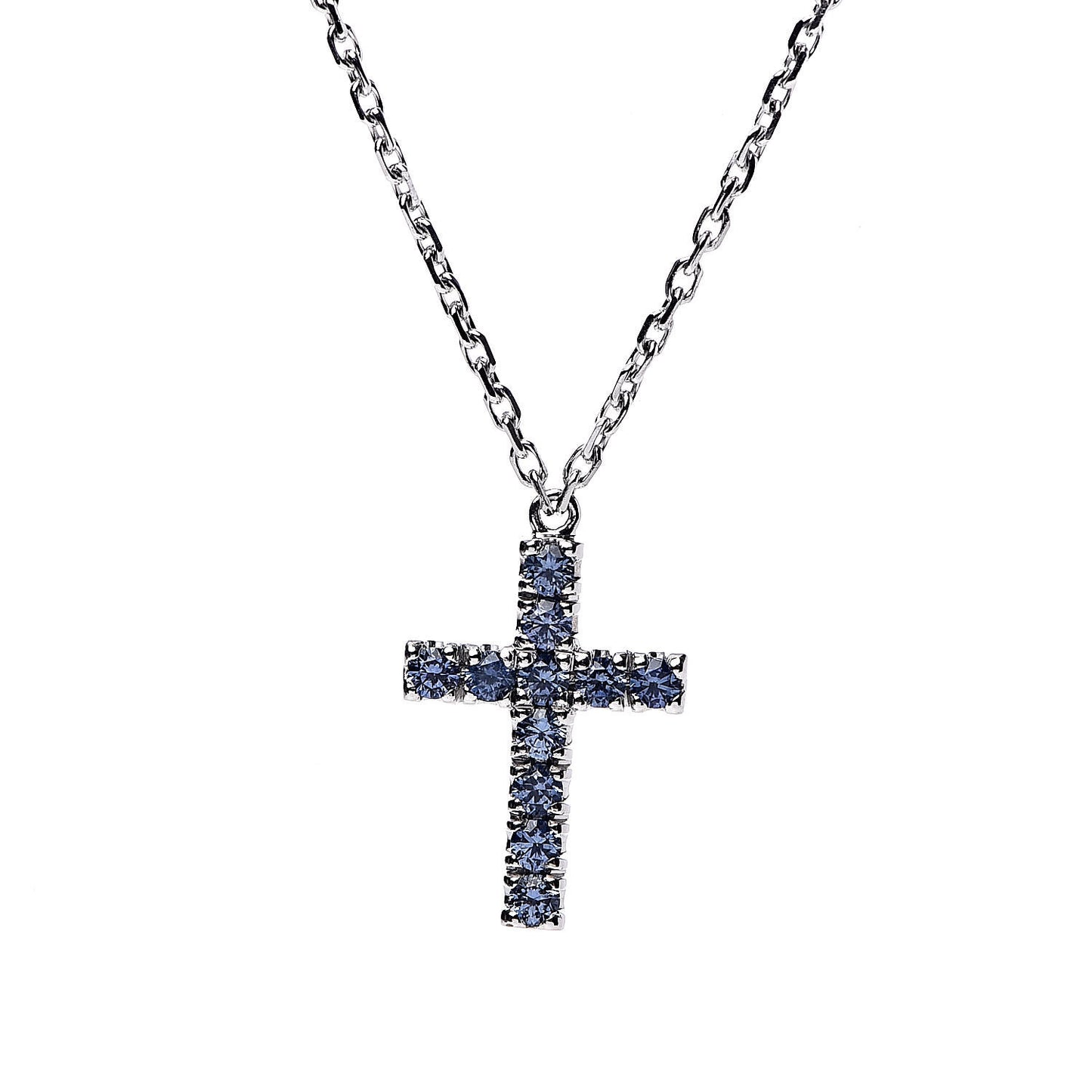 18K White Gold Blue Sapphire Symbols Cross Pendant Necklace