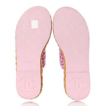 Chanel Tweed CC Thong Sandals 37.5 Light Purple Pink Red 5 of 9