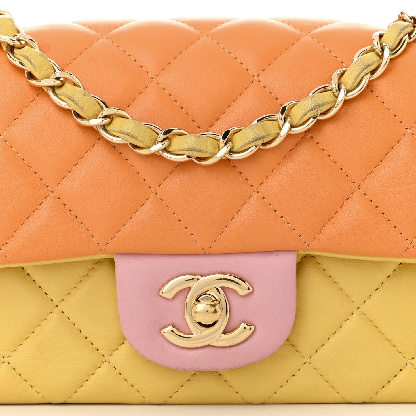 Lambskin Quilted Tri-color Mini Rectangular Flap Orange Yellow Pink