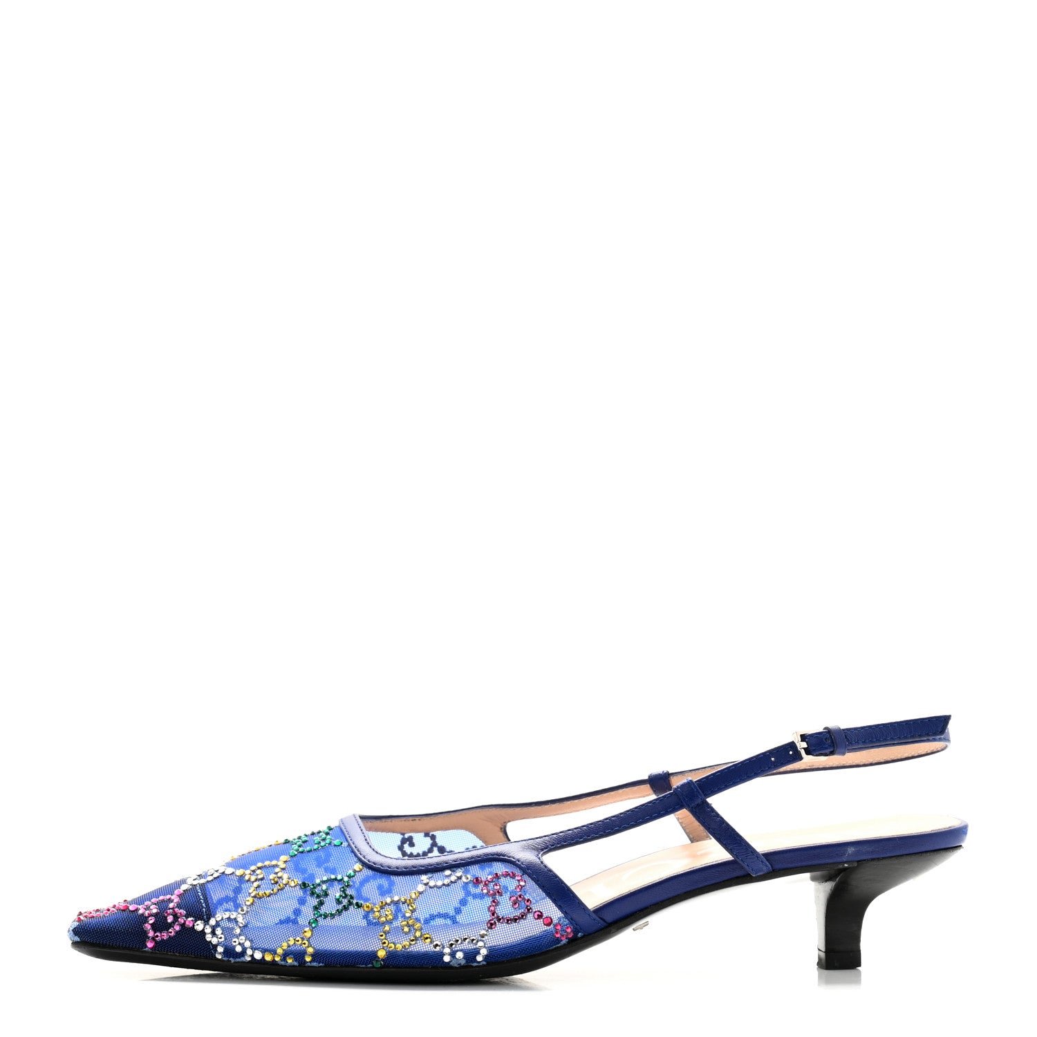 Gucci Tela Retino Nappa Charlotte Crystal GG Monogram Square G 35mm Slingback Pumps 38 Splash Net Blue Witch 1 of 8