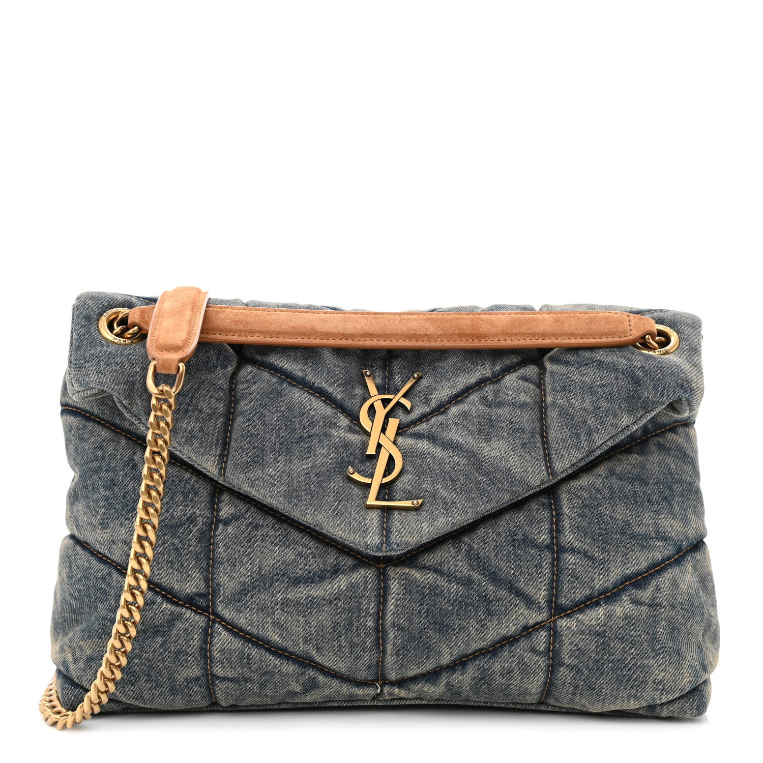 Saint Laurent Denim Quilted Small Loulou Puffer Monogram Chain Satchel Blue Cinnamon 1 of 10