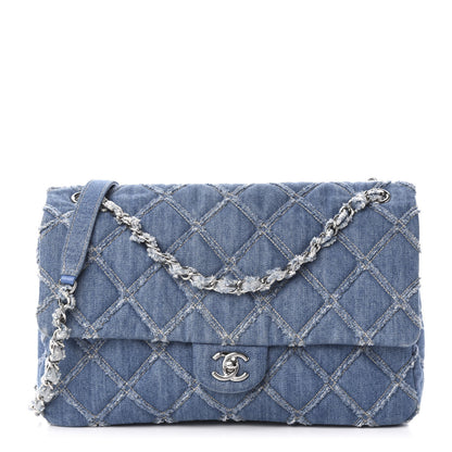Chanel Frayed Denim Quilted Large Blue Chip Flap Blue 1 of 13