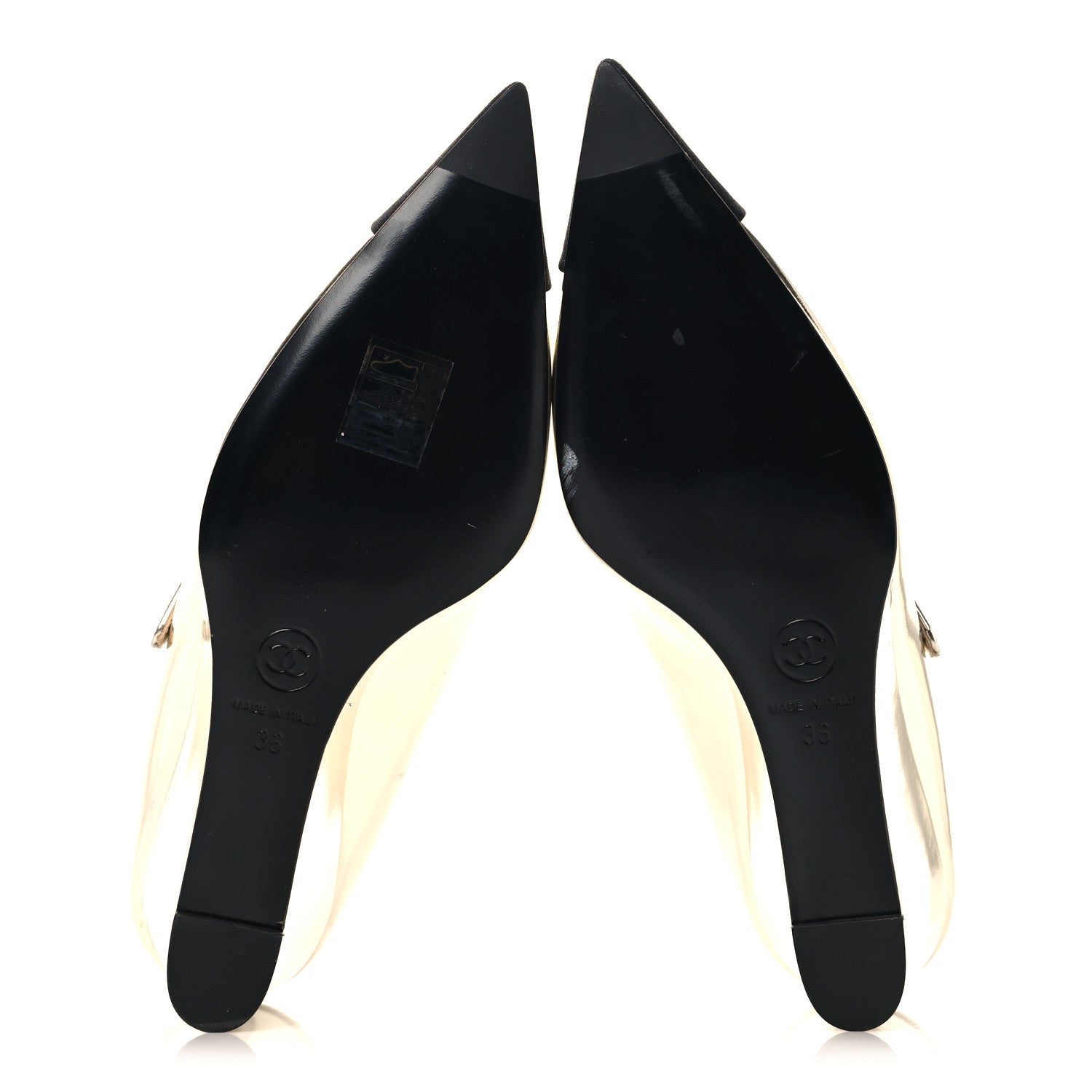 Chanel Laminated Calfskin Grosgrain Cap Toe CC Pointed Toe Wedge Pumps 36 Gold Black 6 of 9