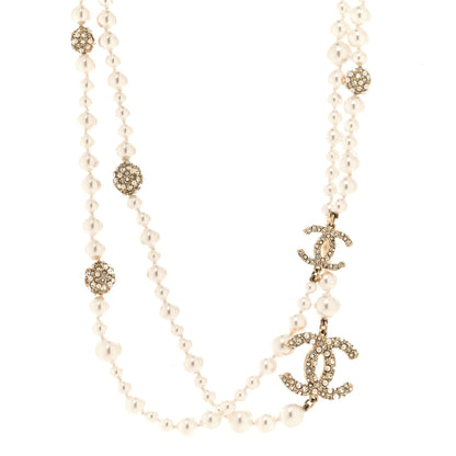 Chanel Pearl Crystal CC Cluster Long Necklace Golden Pearly White 1 of 5