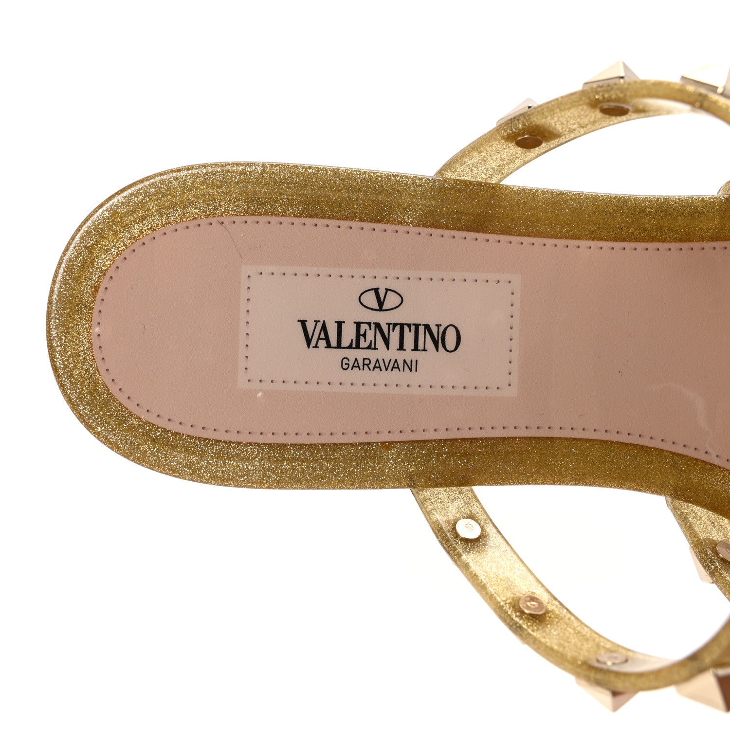 Valentino Garavani PVC Jelly Glitter Rockstud Caged Flat Thong Sandals 37 Oro 8 of 9