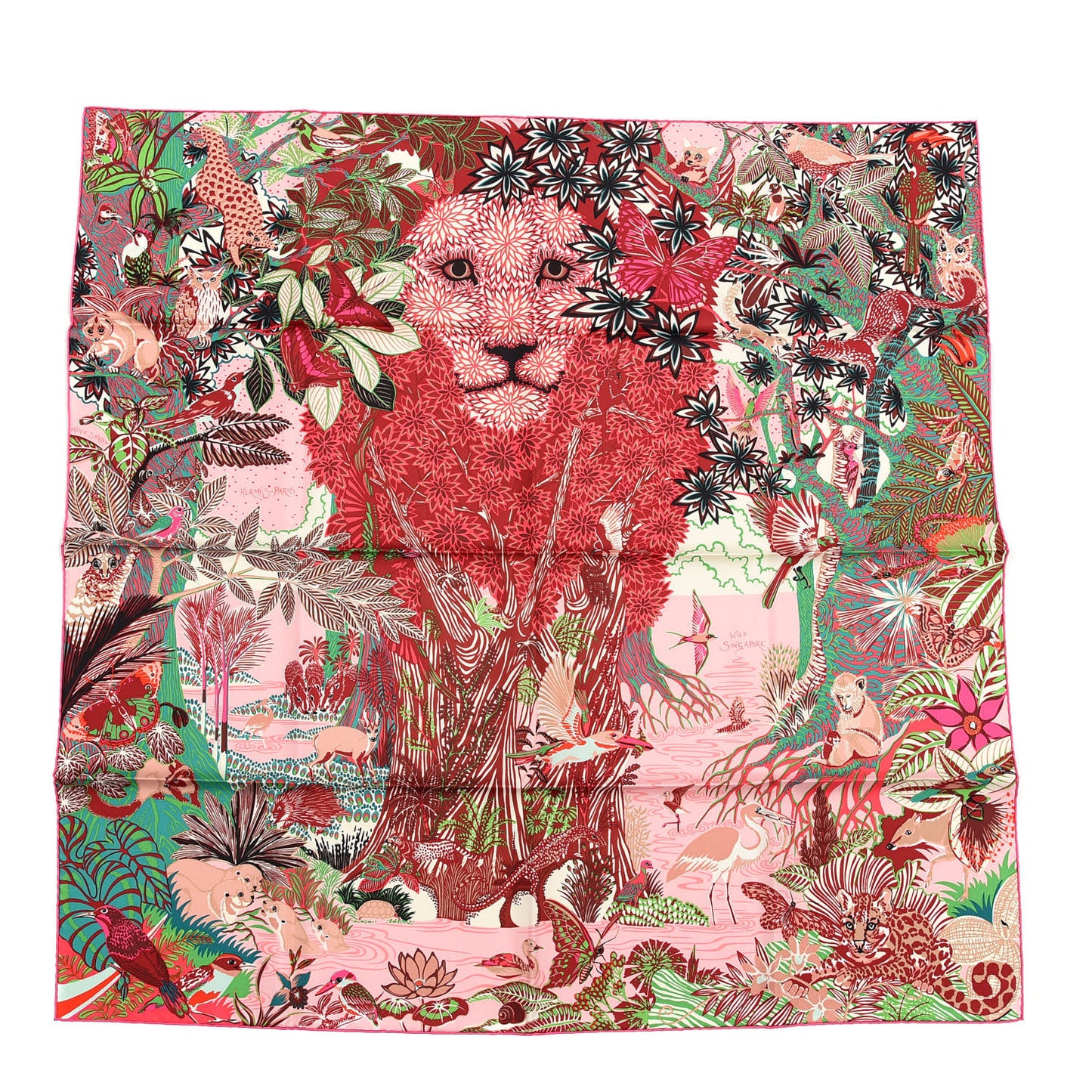 Silk Wild Singapore Scarf 90 Rose Vert Bordeaux