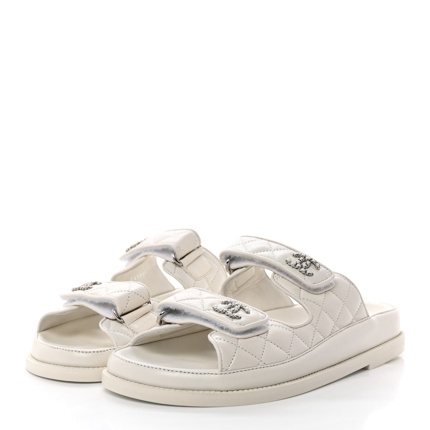 Lambskin Quilted Velcro Dad Chain CC Slide Sandals 38 White