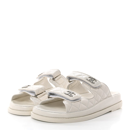 Chanel Lambskin Quilted Velcro Dad Chain CC Slide Sandals 38 White 3 of 9