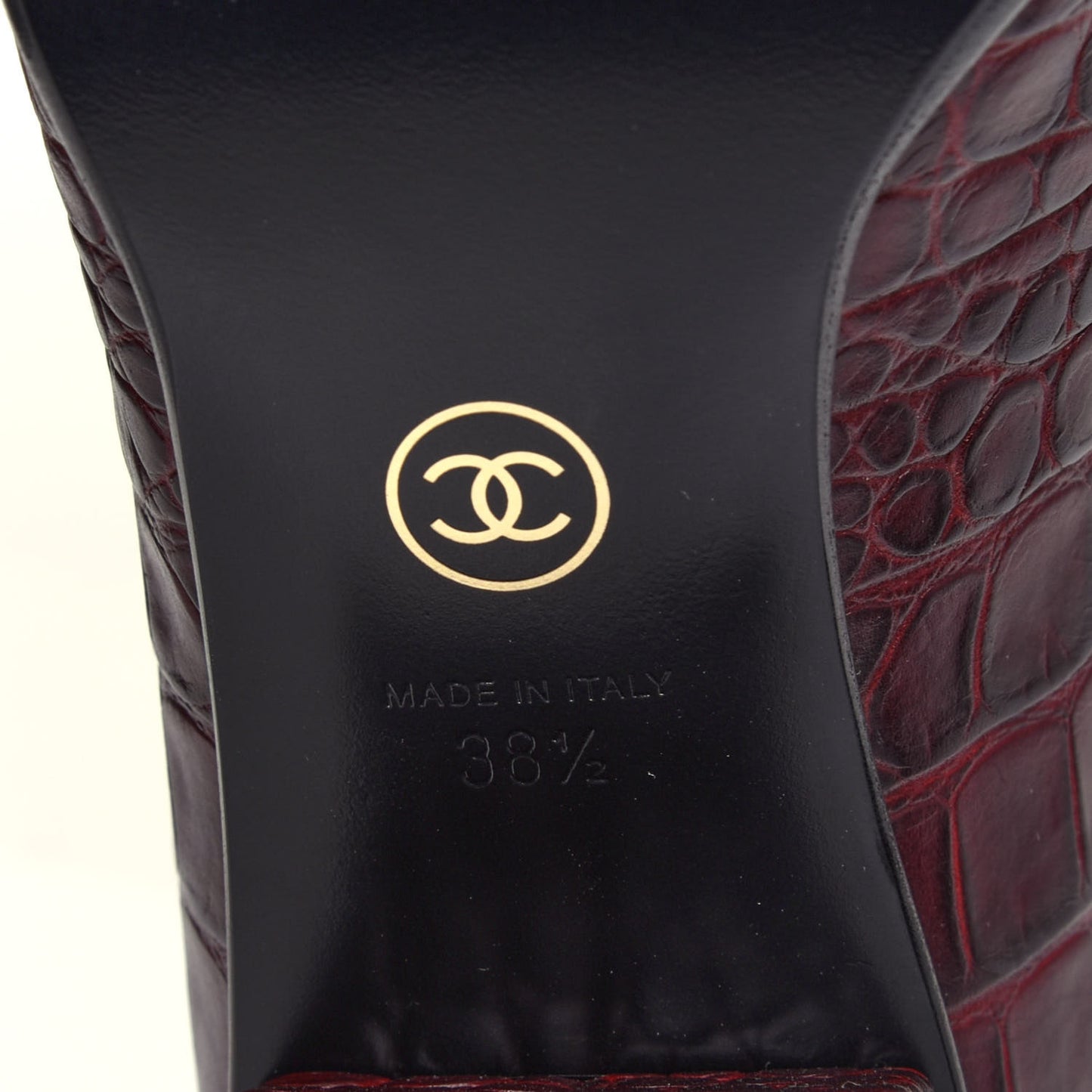 Crocodile Embossed Calfskin CC Chain Mocassin Loafers 38.5 Burgundy Black