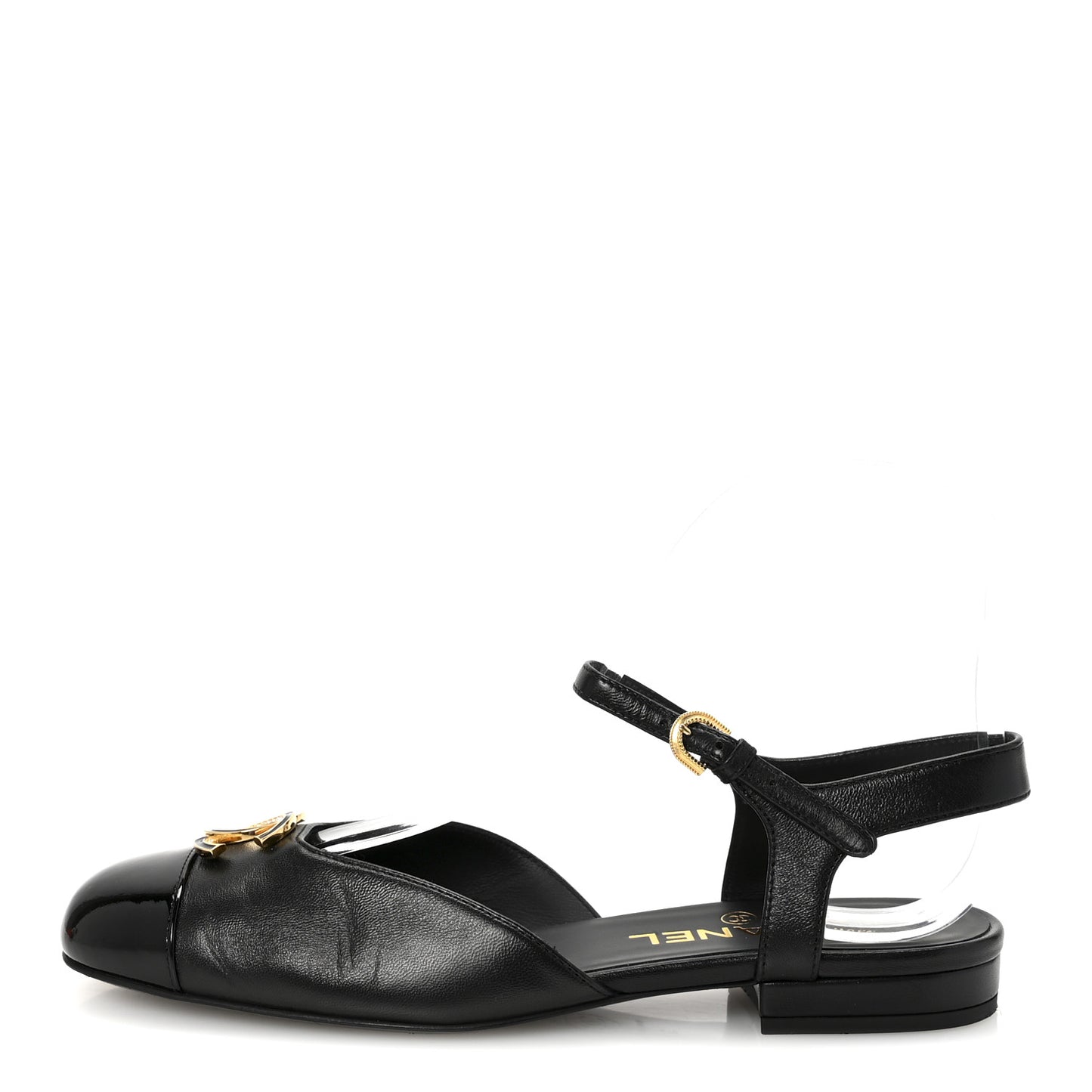 Lambskin Patent Cap Toe Crystal Enamel CC Mary Jane Slingback Flats 37 Black