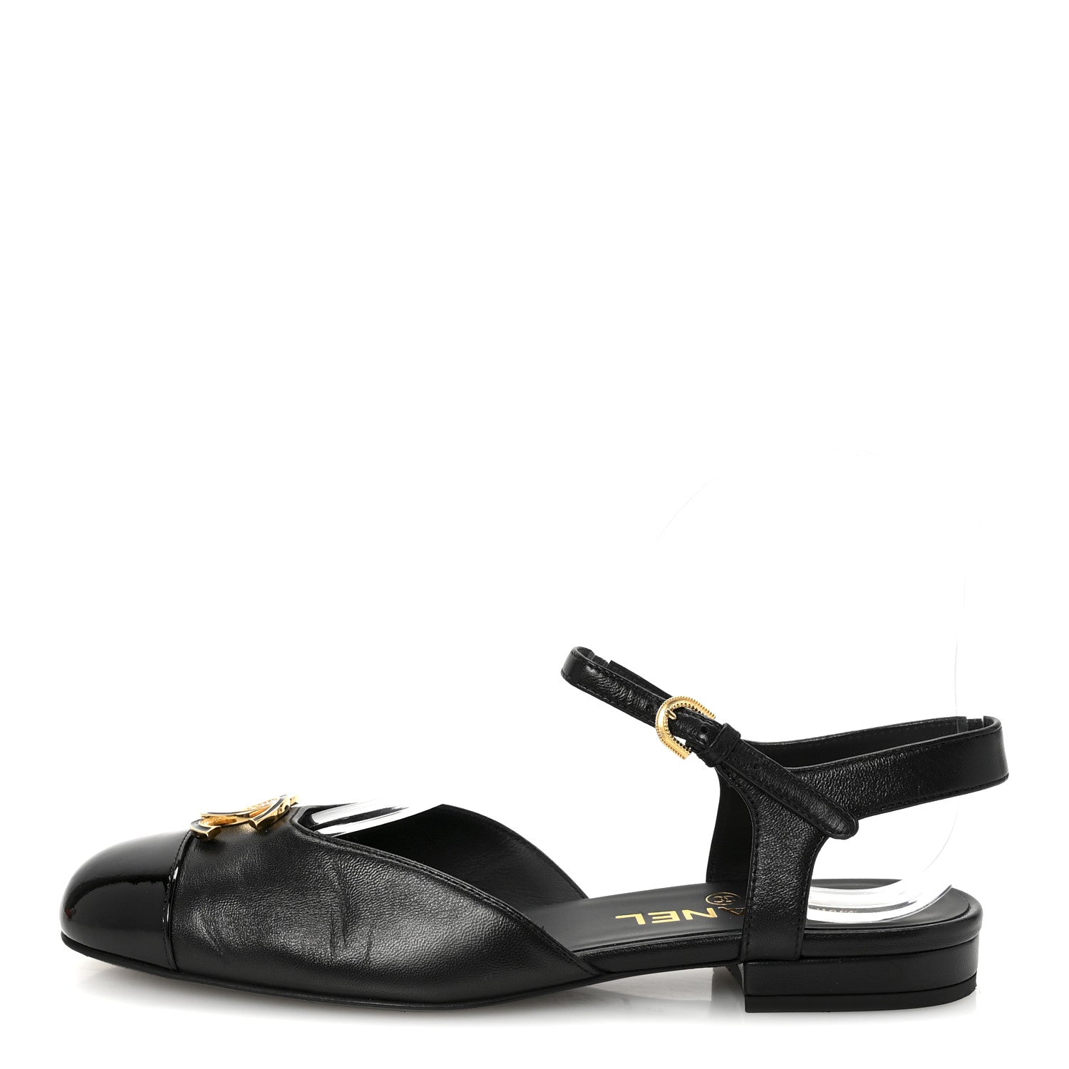 Chanel Lambskin Patent Cap Toe Crystal Enamel CC Mary Jane Slingback Flats 37 Black 1 of 10