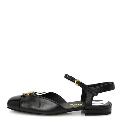 Chanel Lambskin Patent Cap Toe Crystal Enamel CC Mary Jane Slingback Flats 37 Black 1 of 10