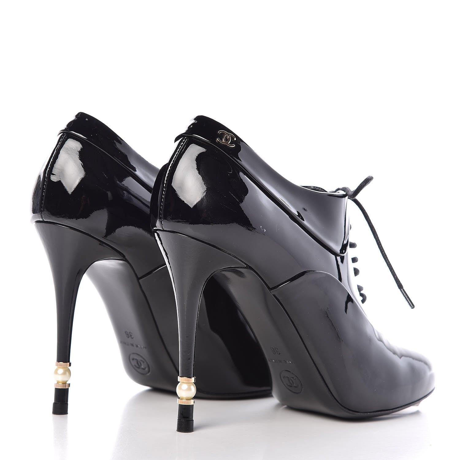 Chanel Patent Calfskin Pearl Oxford Lace Up Ankle Booties 36 Black 4 of 9