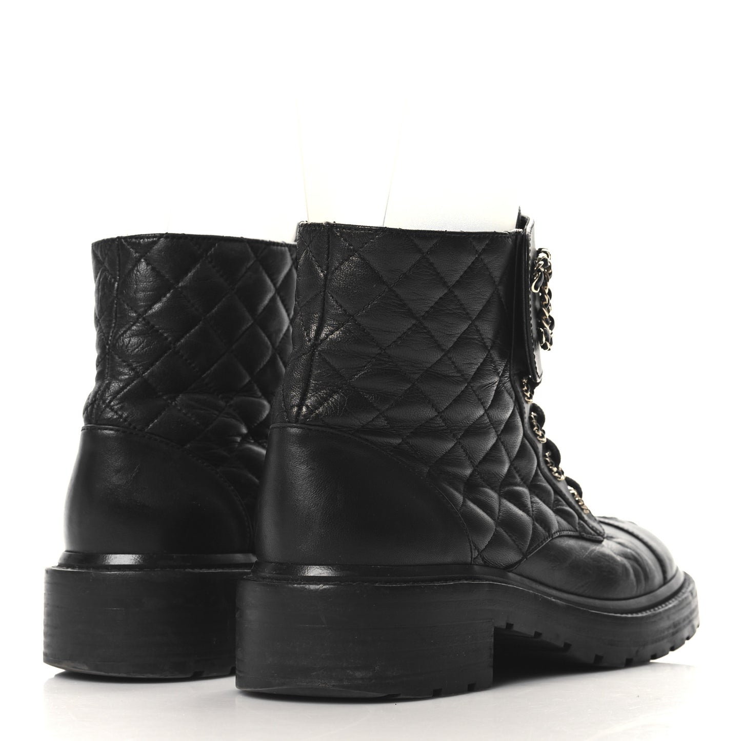 Shiny Calfskin Quilted Lace Up Combat Boots 38.5 Black