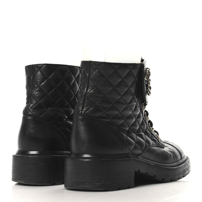 Chanel Shiny Calfskin Quilted Lace Up Combat Boots 38.5 Black 5 of 8