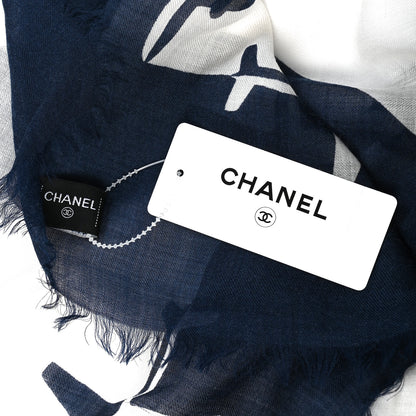 Chanel Cashmere Aeroport Print CC Logo Fringe Scarf White Navy Blue 2 of 3