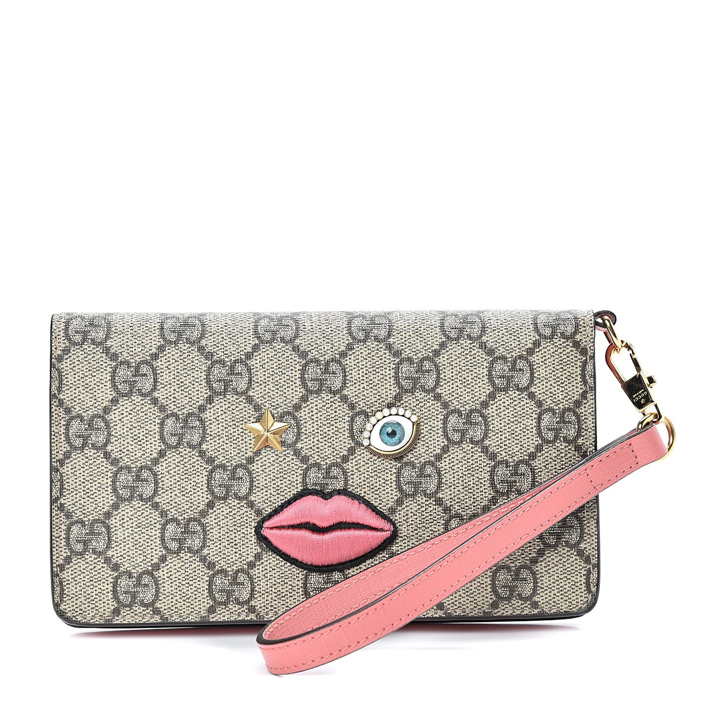 GG Supreme Monogram Embroidered Face iPhone 6 Case Wristlet Pink