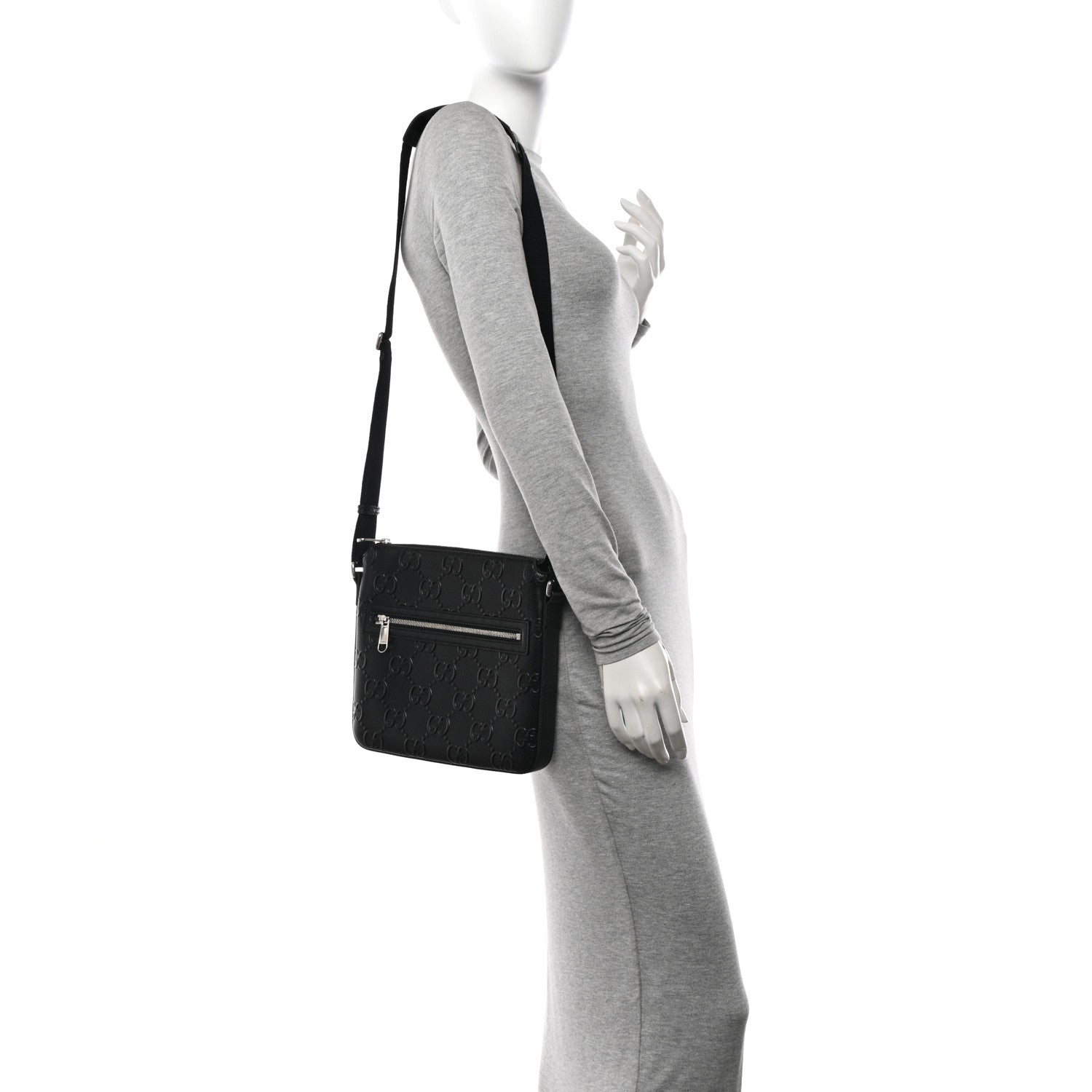 Gucci Calfskin GG Tennis Embossed Small Flat Messenger Bag Black 2 of 10