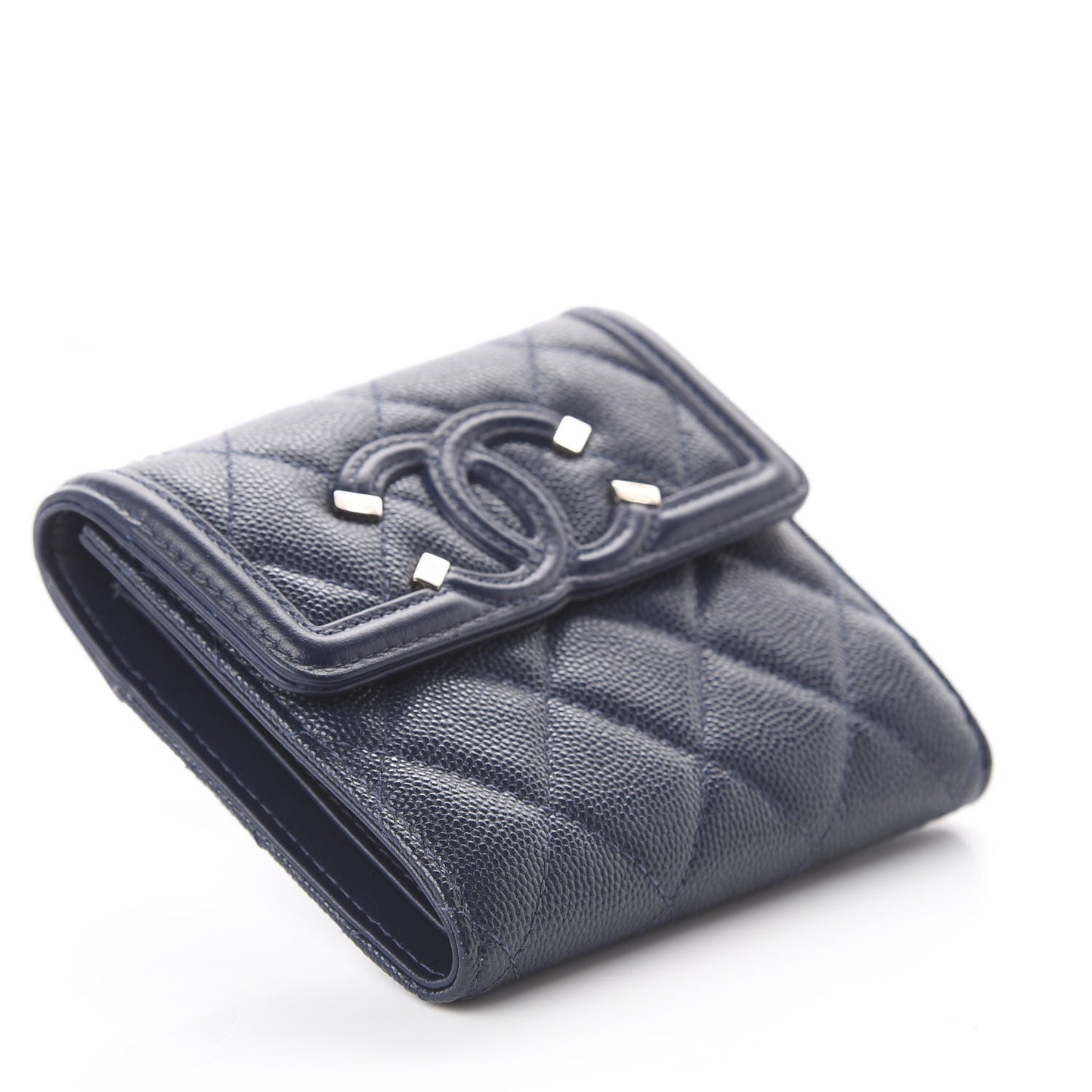 Caviar Quilted Filigree Compact Wallet Navy