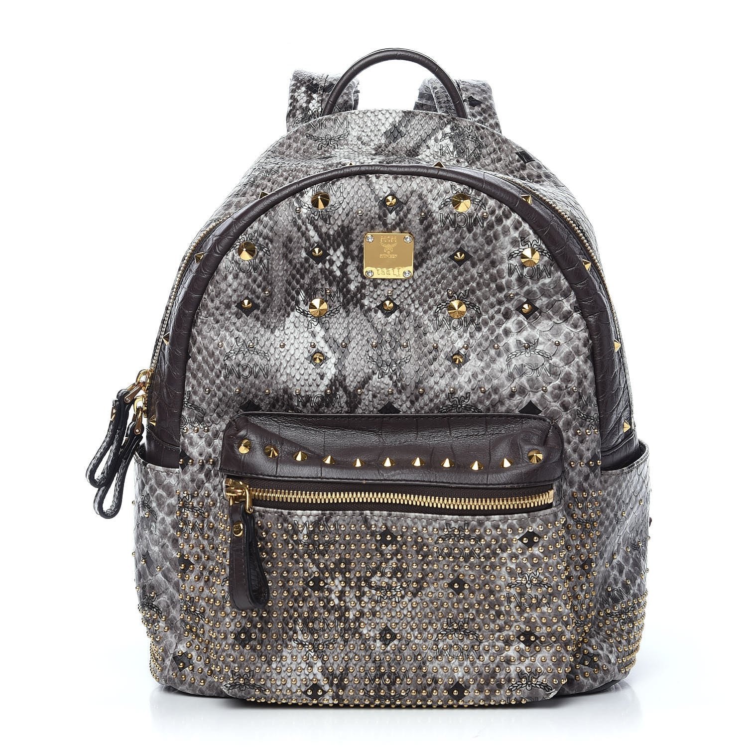MCM Visetos Snakeskin Printed Studded Small Stark Backpack Light Grey 1 of 9