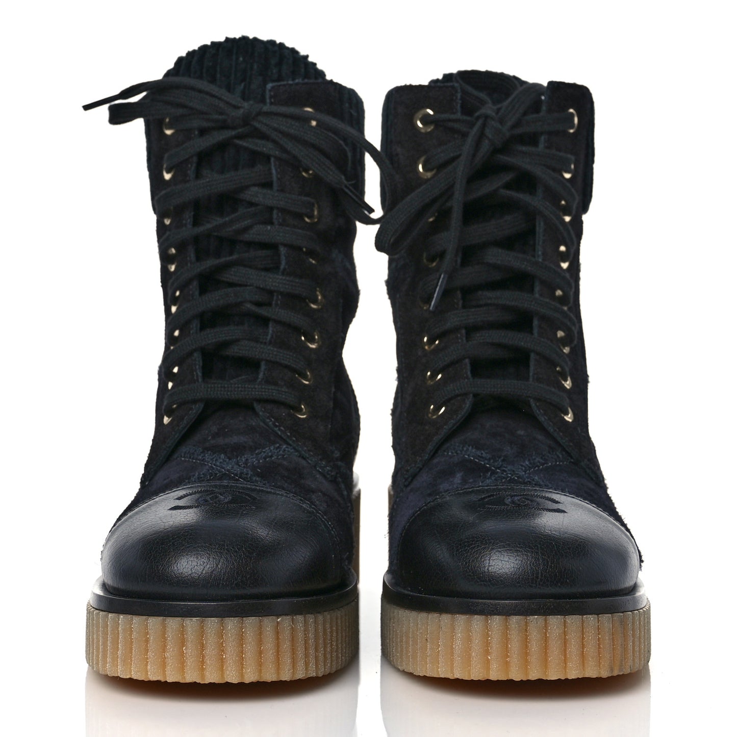 Suede Calfskin Velvet Quilted CC Combat Boots 38.5 Black
