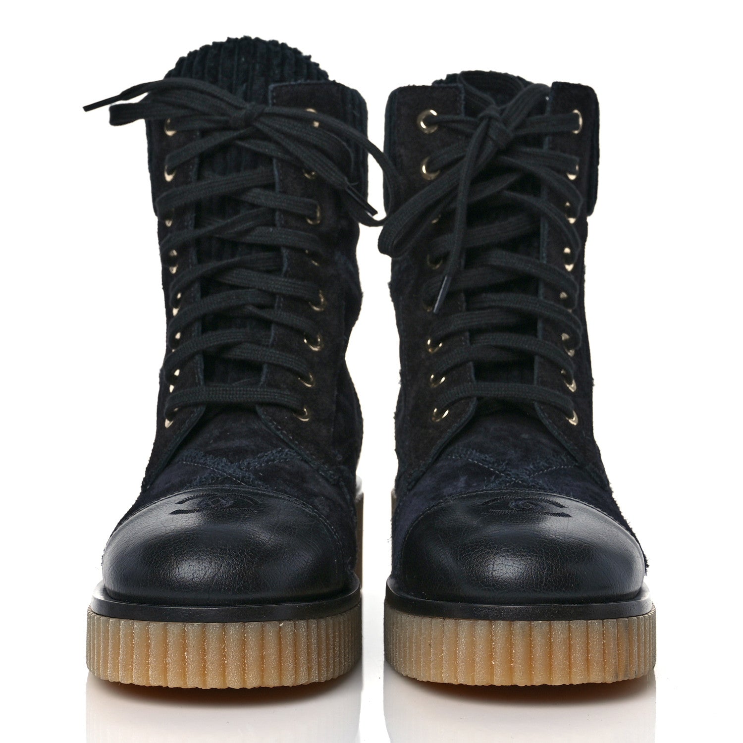 Chanel Suede Calfskin Velvet Quilted CC Combat Boots 38.5 Black 2 of 7
